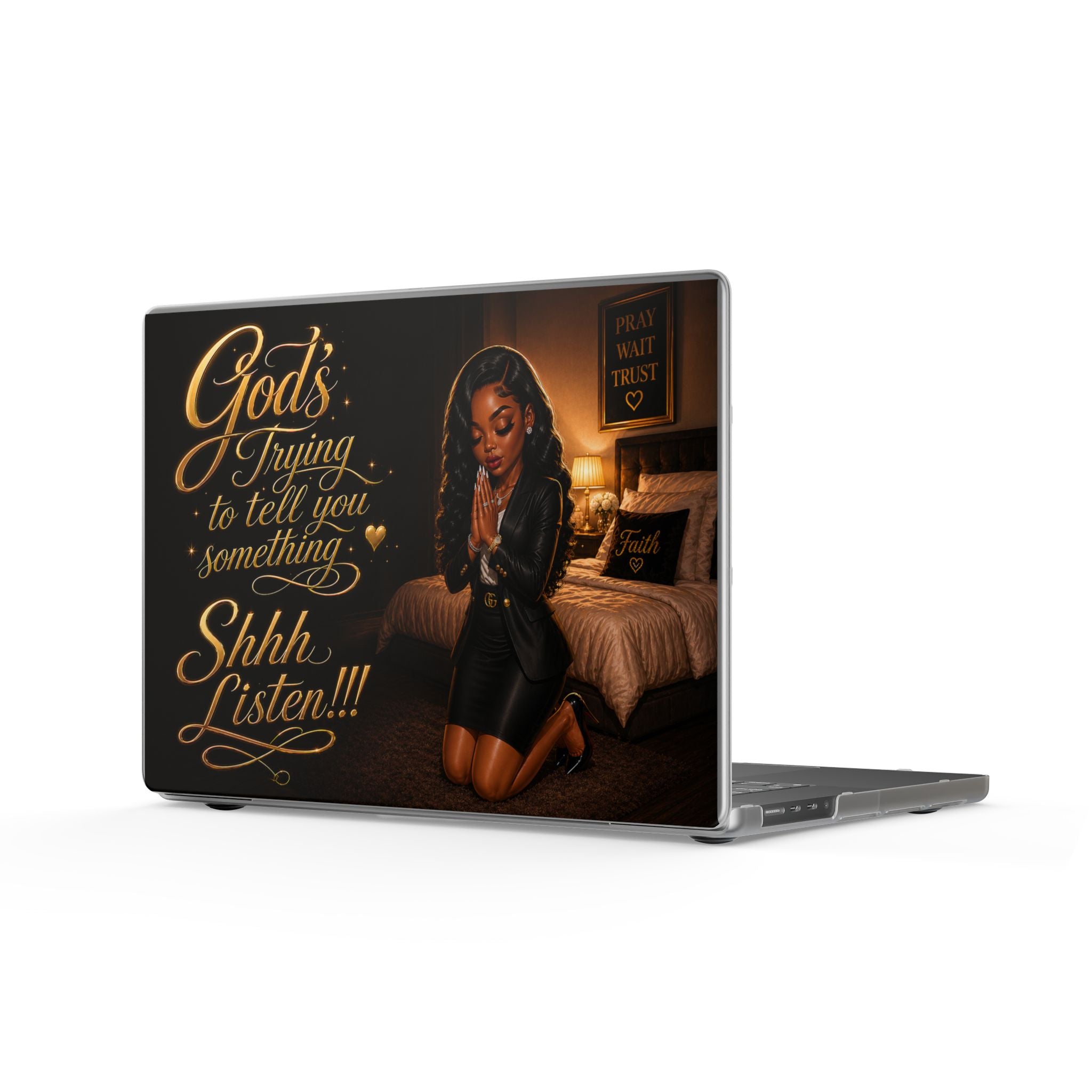 Shhh, Listen — Faith-Inspired Matte MacBook Case | Black Woman Prayer Design