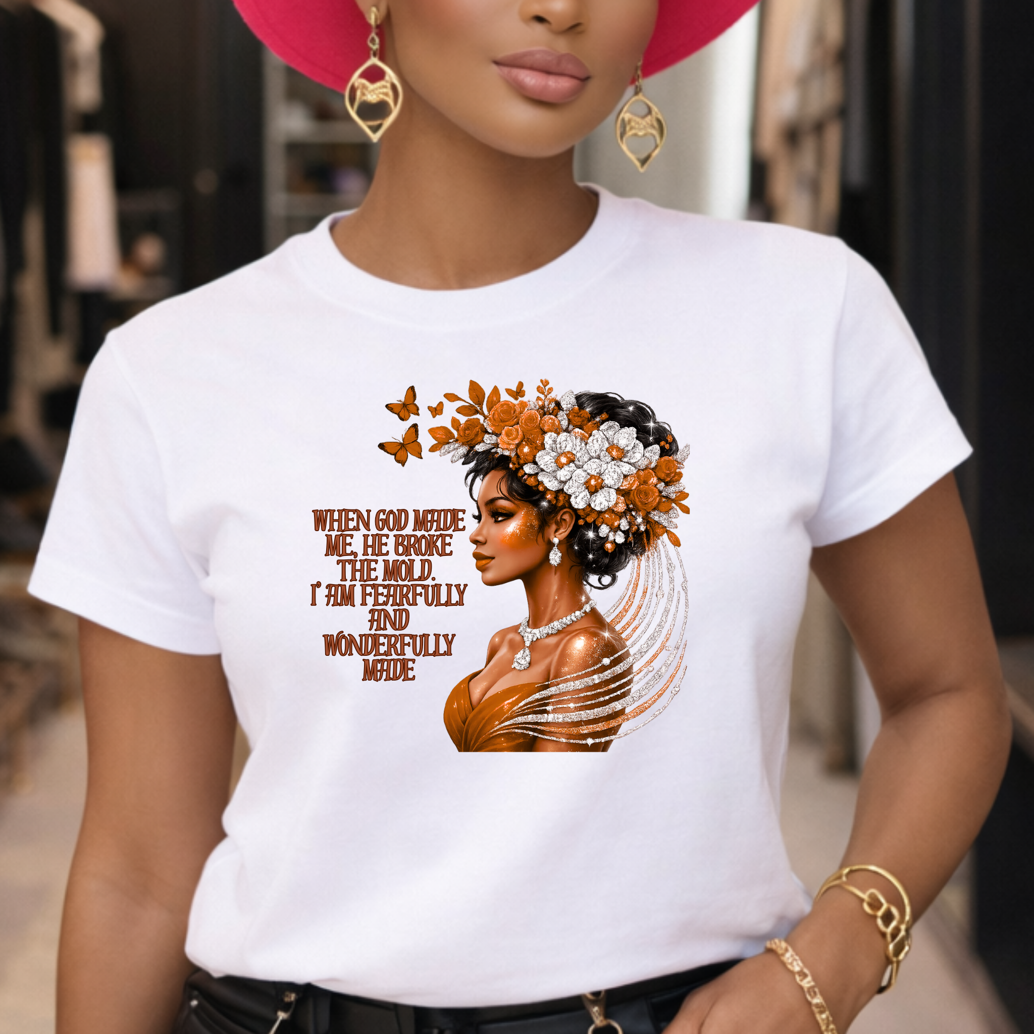 T-Shirt — "When God Made Me He Broke the Mold" Afrocentric Floral Portrait Tee
