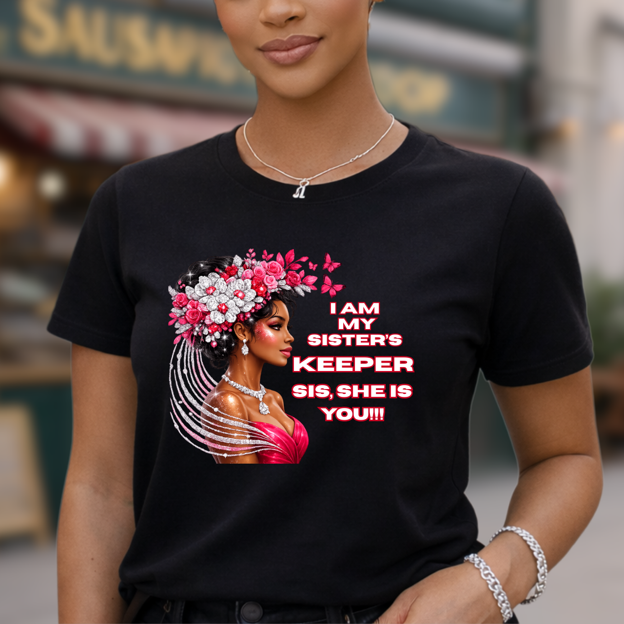 T-Shirt — 'I Am My Sister's Keeper' Floral Black Woman Portrait