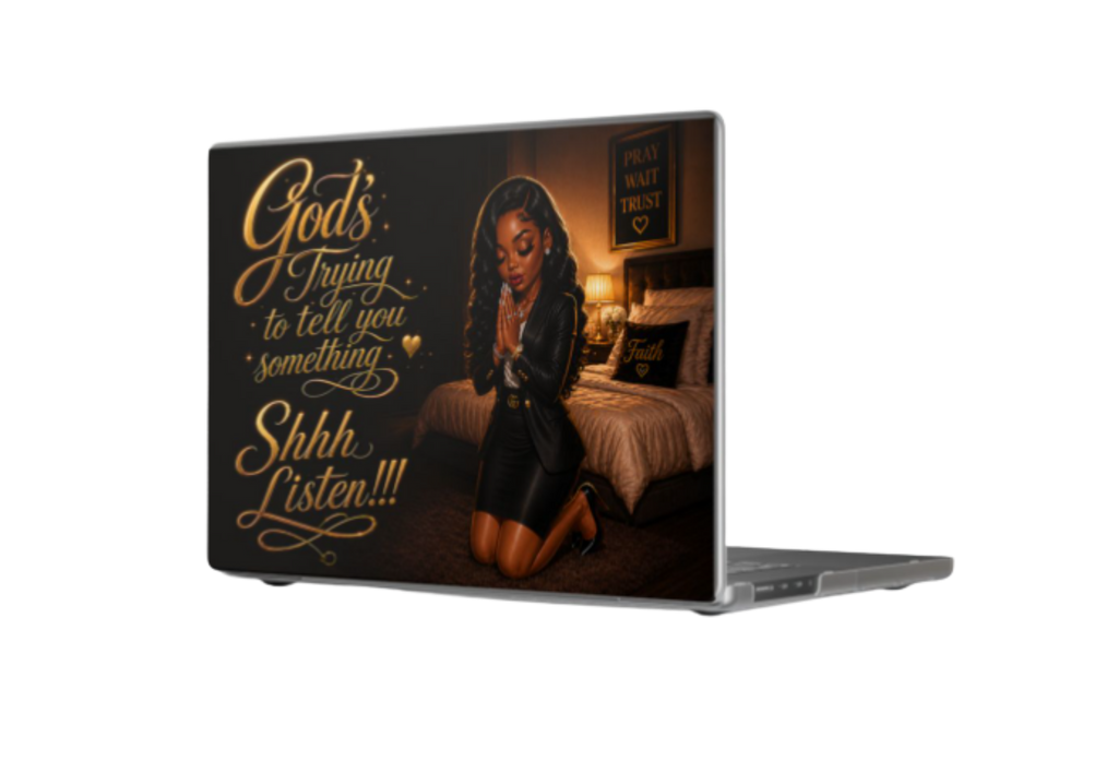 Shhh, Listen — Faith-Inspired Matte MacBook Case | Black Woman Prayer Design