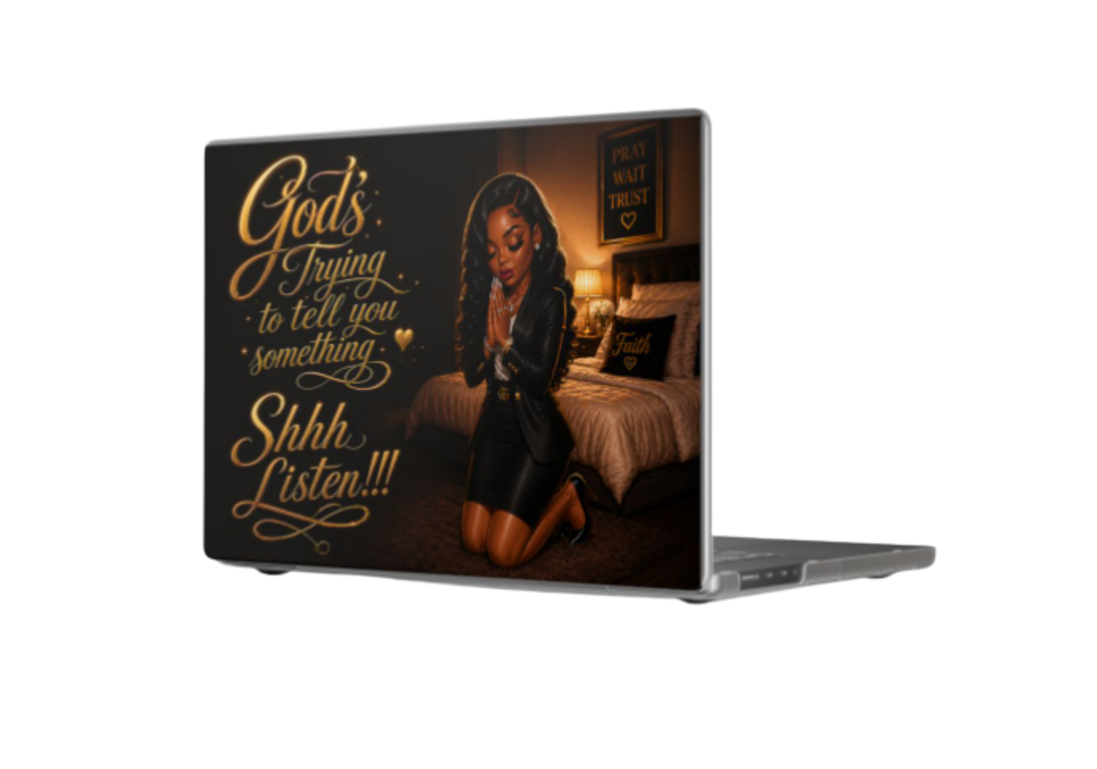 Shhh, Listen — Faith-Inspired Matte MacBook Case | Black Woman Prayer Design