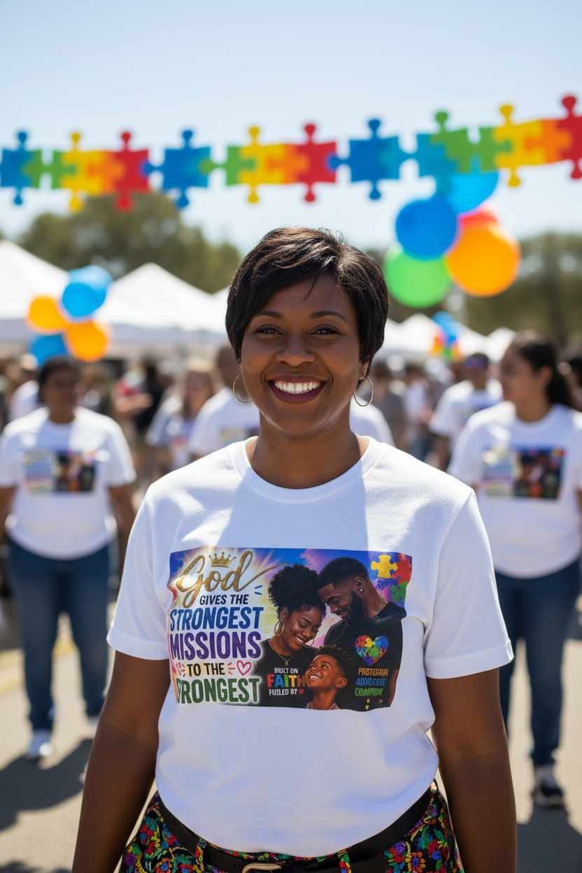 Autism awareness faith tee - white - mom at autism awareness walk