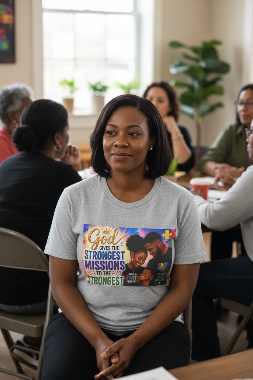 Autism awareness faith tee - sport grey - woman at community support group