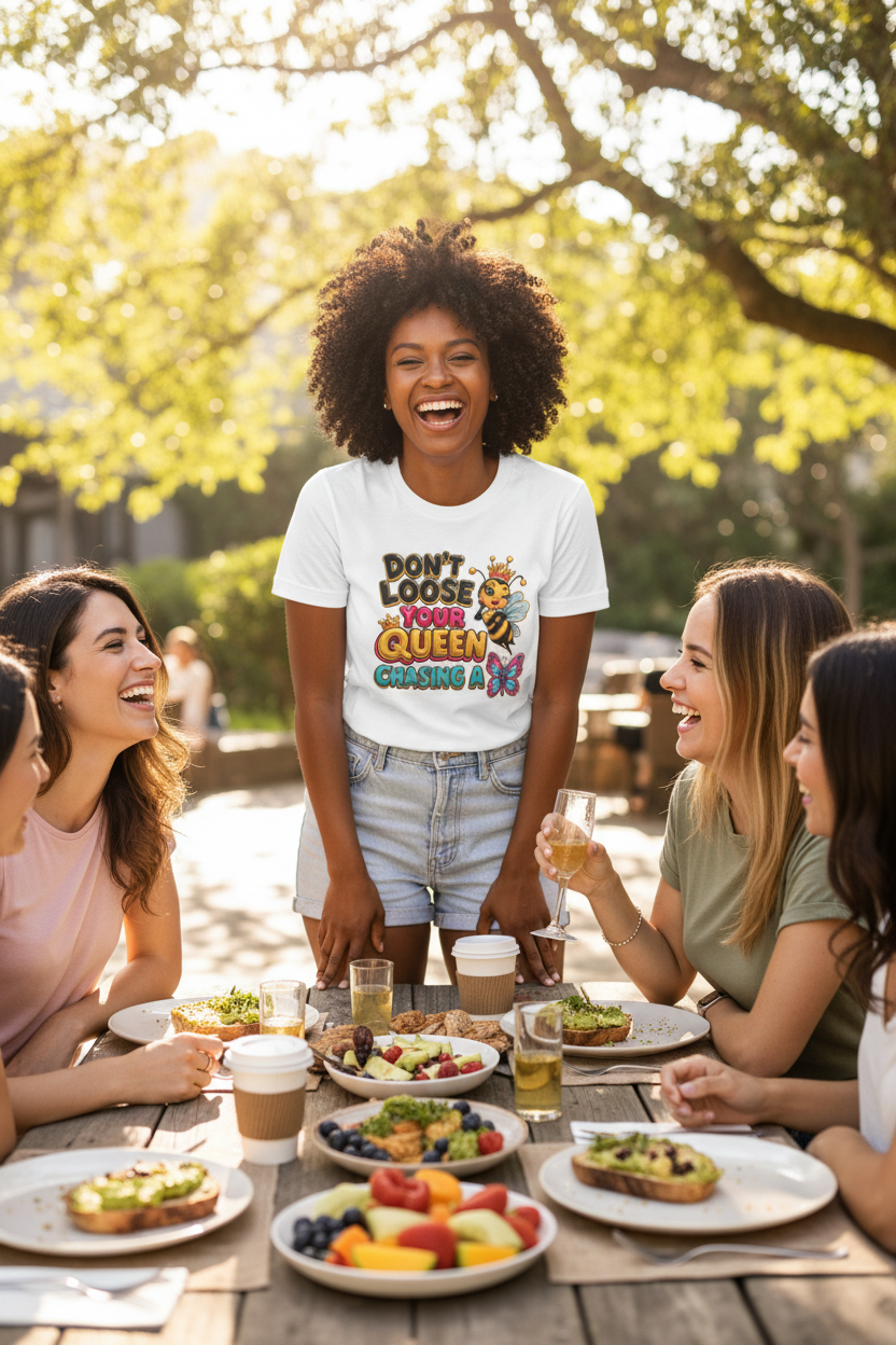 Don't Loose Your Queen tee - African American woman laughing at outdoor brunch