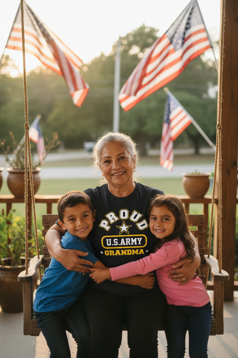 Proud U.S. Army Grandma tee - Hispanic grandma with grandkids on porch