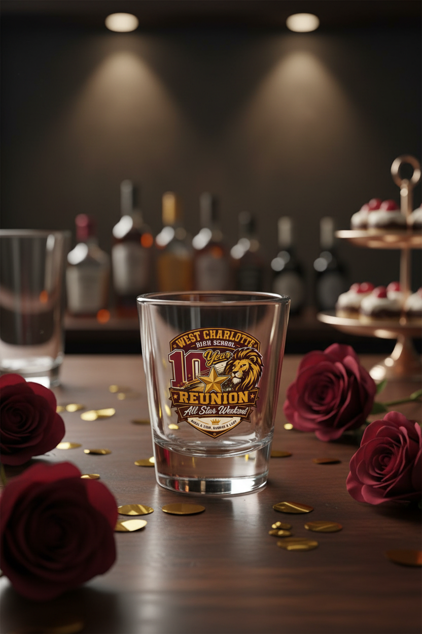 West Charlotte Lions reunion shot glass mockup - bar counter display with gold confetti and roses