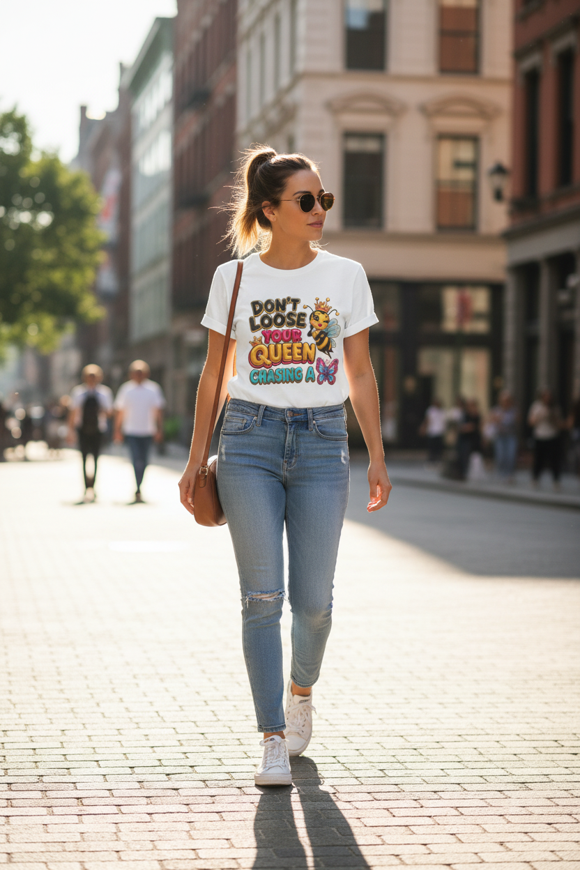 Don't Loose Your Queen tee - woman walking confidently on sunny street