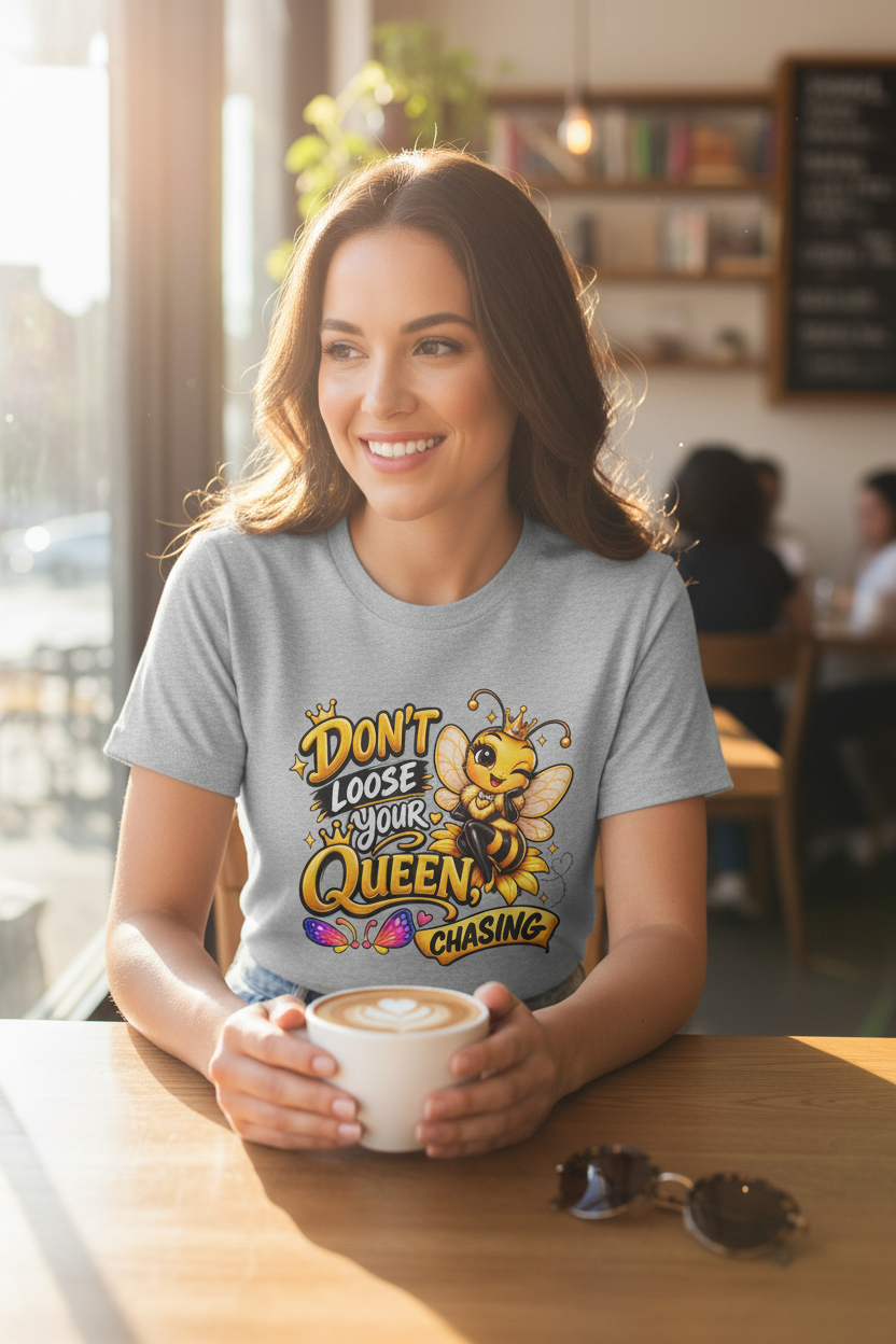 Don't Lose Your Queen bee tee - sport grey - woman at cozy coffee shop