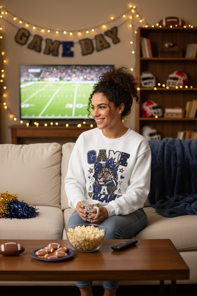 Game Day Glam sweatshirt lifestyle mockup - game day watch party setting
