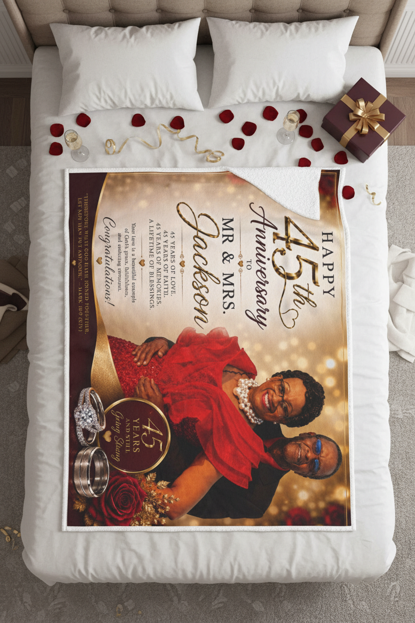 45th anniversary sherpa blanket mockup - flat lay with rose petals, champagne and gift box