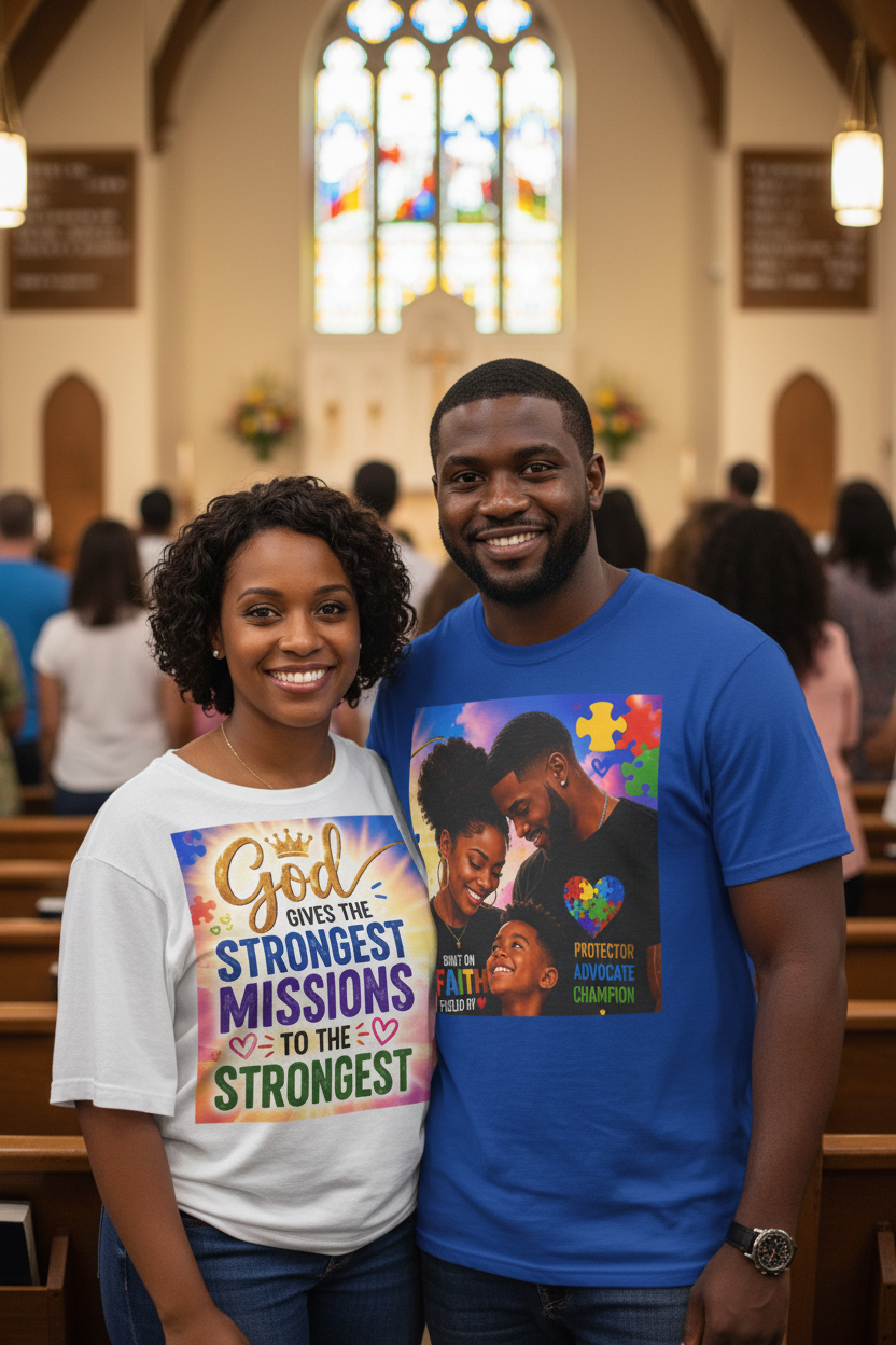Autism awareness faith tee - royal blue - parents at church gathering