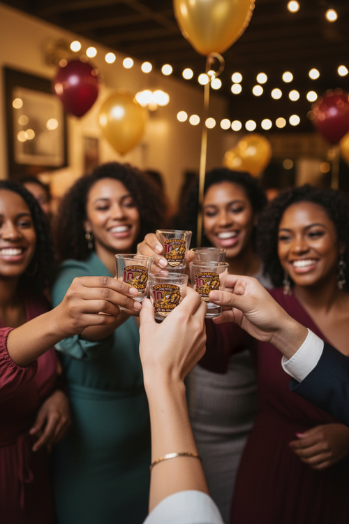 West Charlotte Lions reunion shot glass mockup - group toast at indoor reunion party