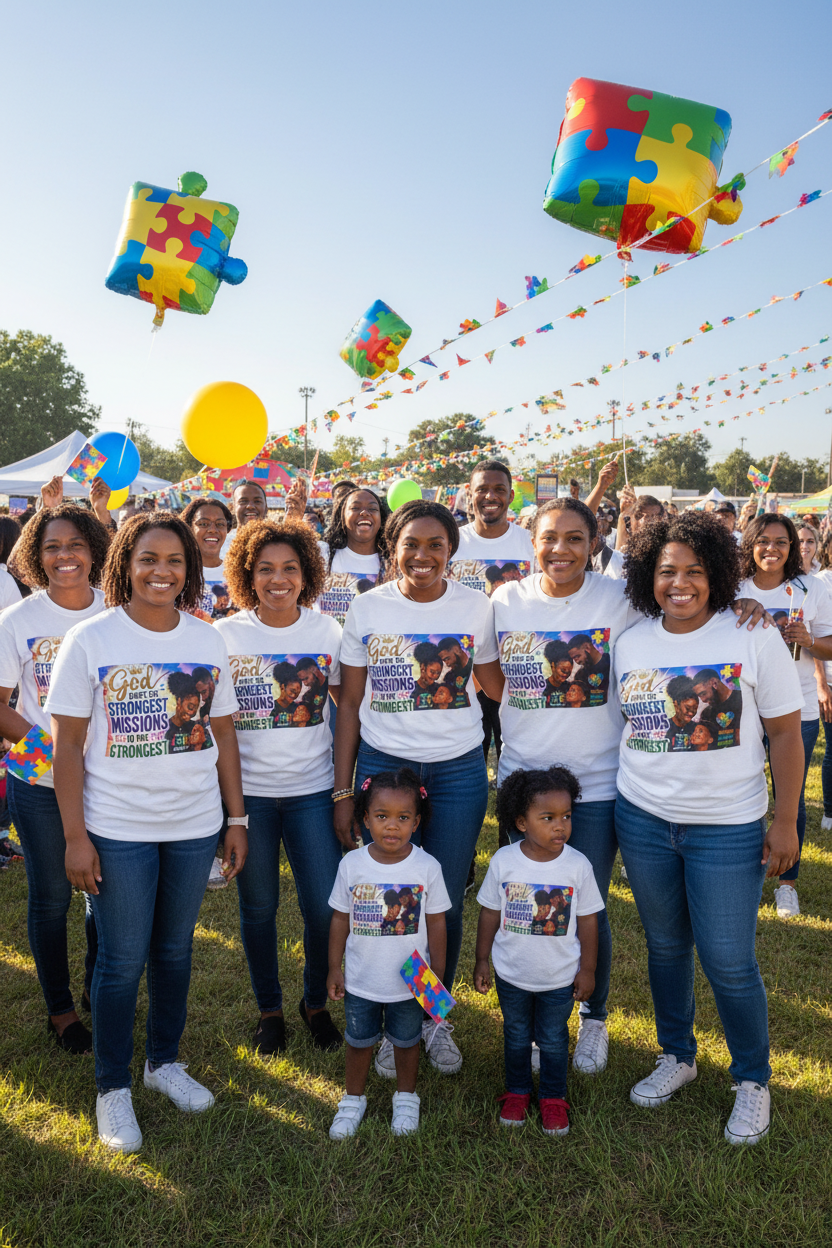 Autism awareness faith tee - white - group at outdoor awareness event