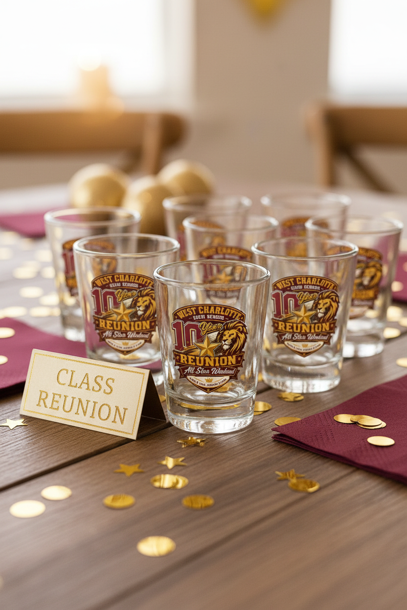 West Charlotte Lions reunion shot glass mockup - multiple glasses as party favors