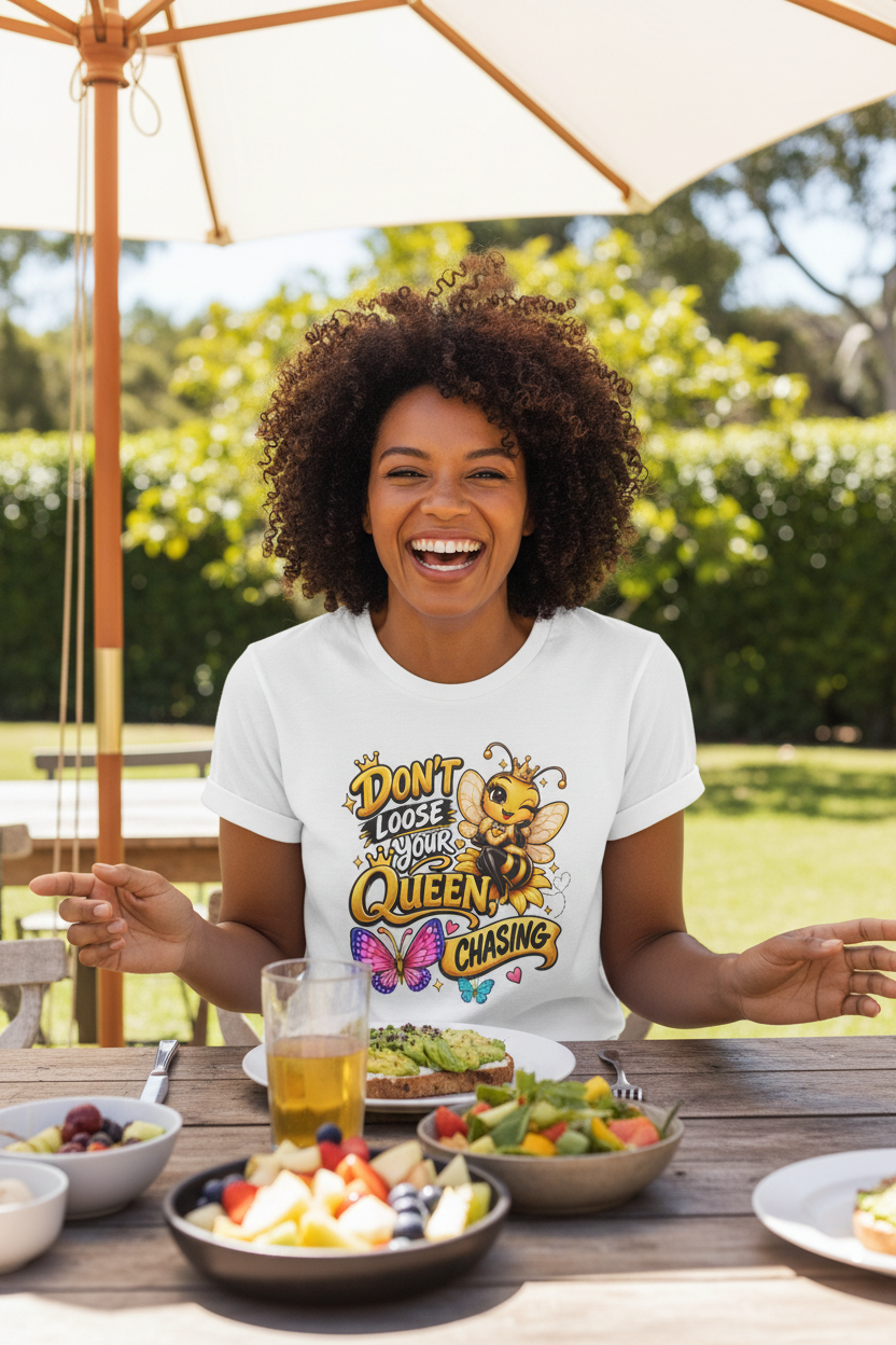 Don't Lose Your Queen bee tee - white - woman at outdoor brunch