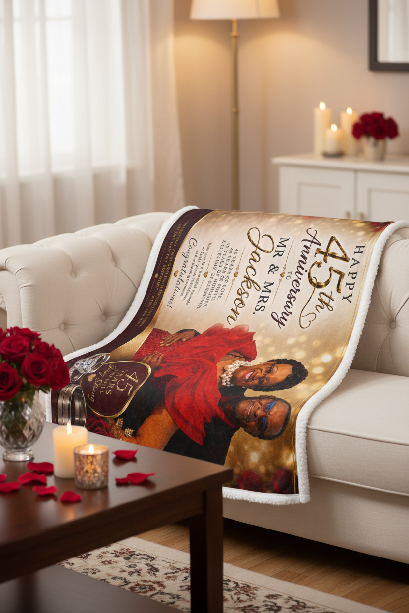 45th anniversary sherpa blanket mockup - draped over elegant sofa with candles and roses