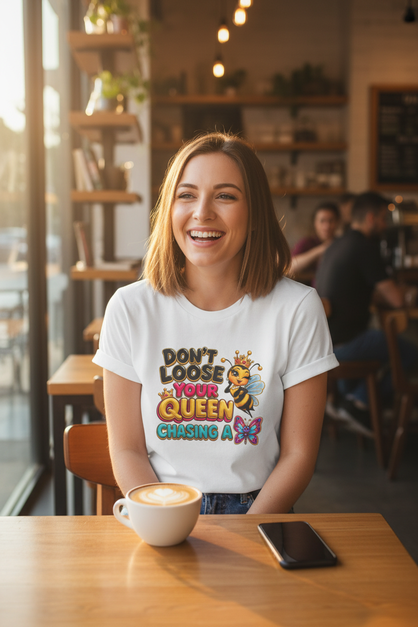 Don't Loose Your Queen tee - woman at cozy coffee shop