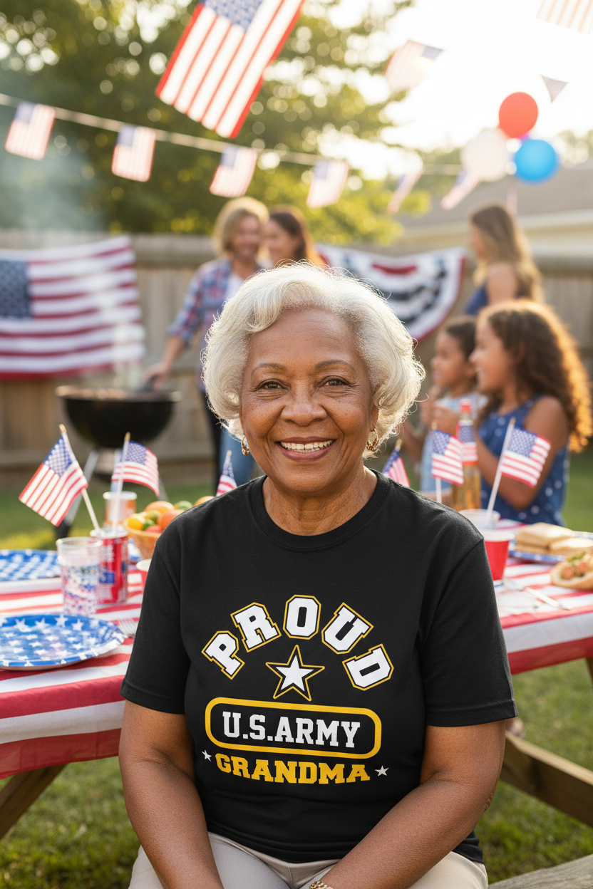 Proud U.S. Army Grandma tee - African American grandma at patriotic backyard gathering