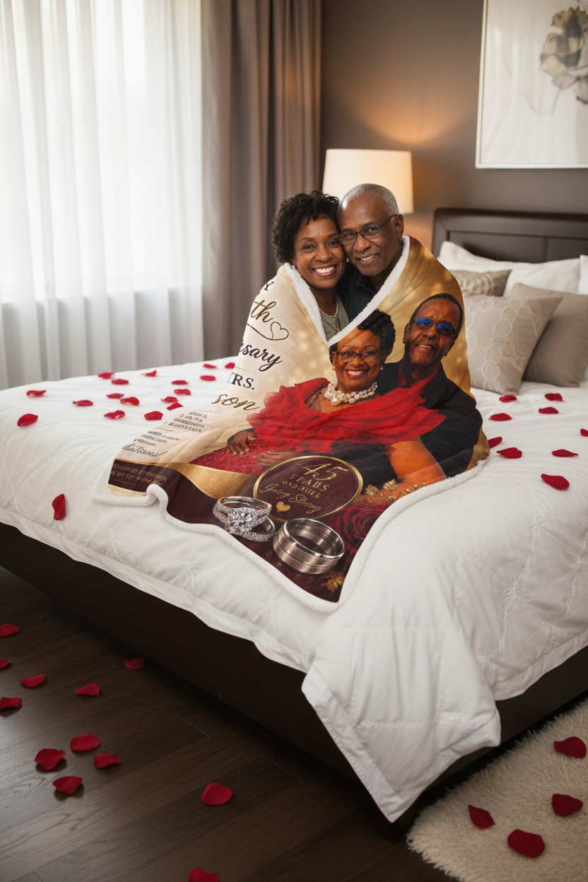 45th anniversary sherpa blanket mockup - couple wrapped in blanket on romantic bed