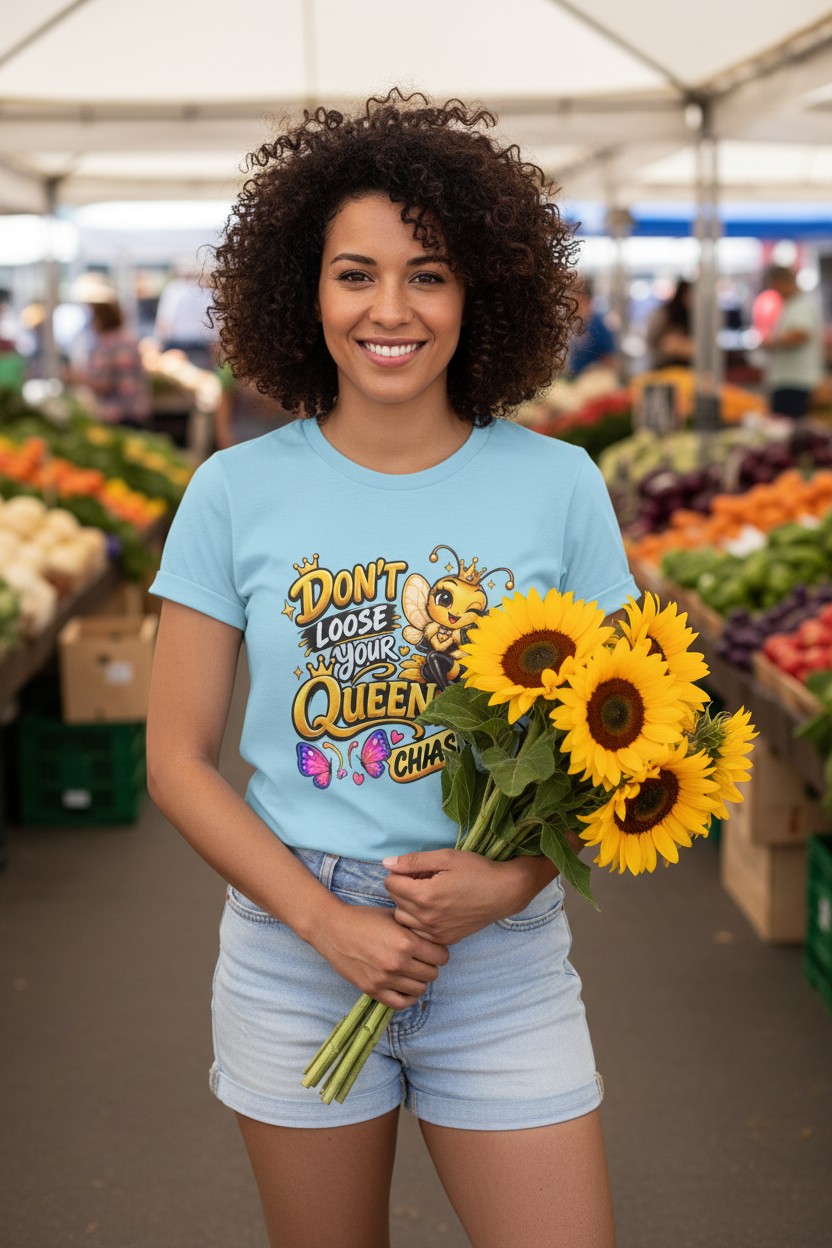 Don't Lose Your Queen bee tee - light blue - woman at farmers market with sunflowers