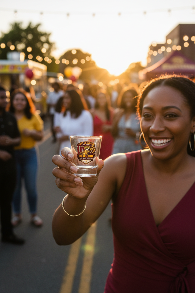 West Charlotte Lions reunion shot glass mockup - woman holding glass at outdoor block party