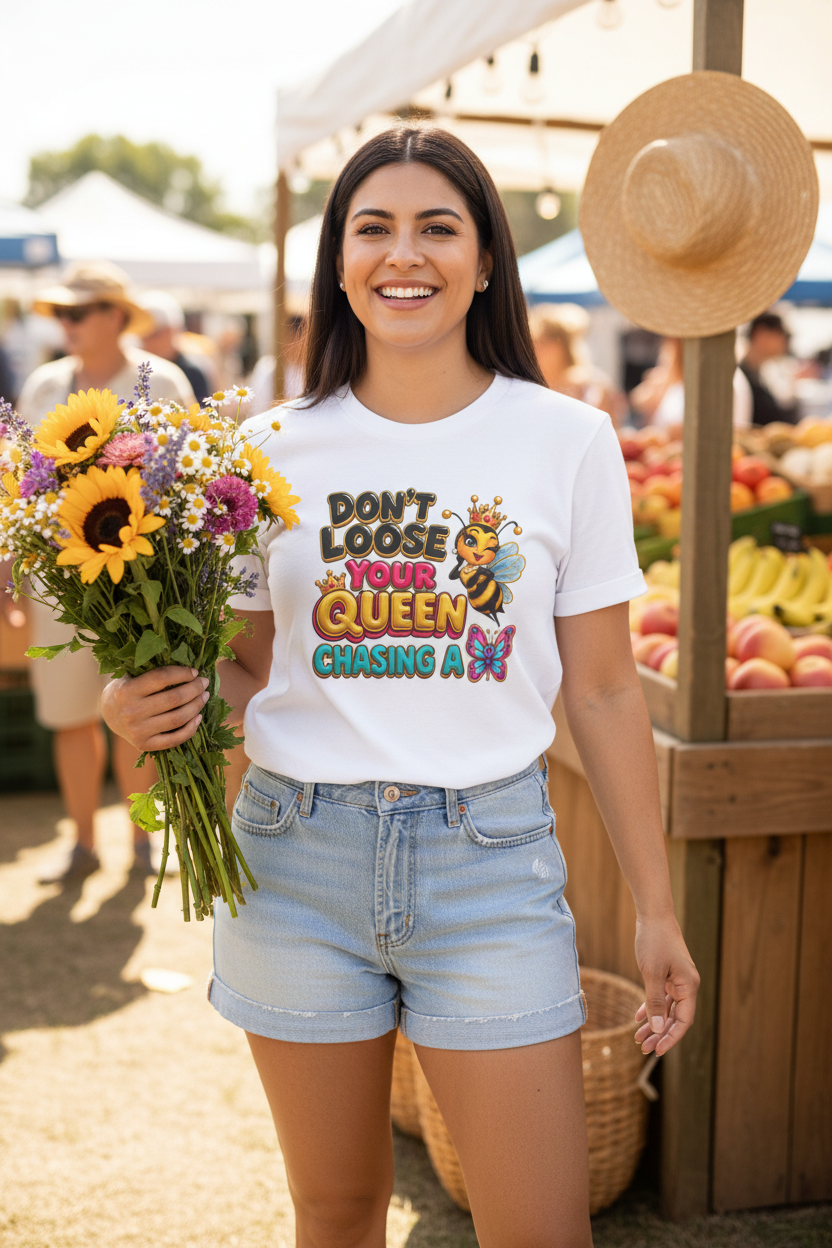 Don't Loose Your Queen tee - Hispanic woman at sunny farmers market