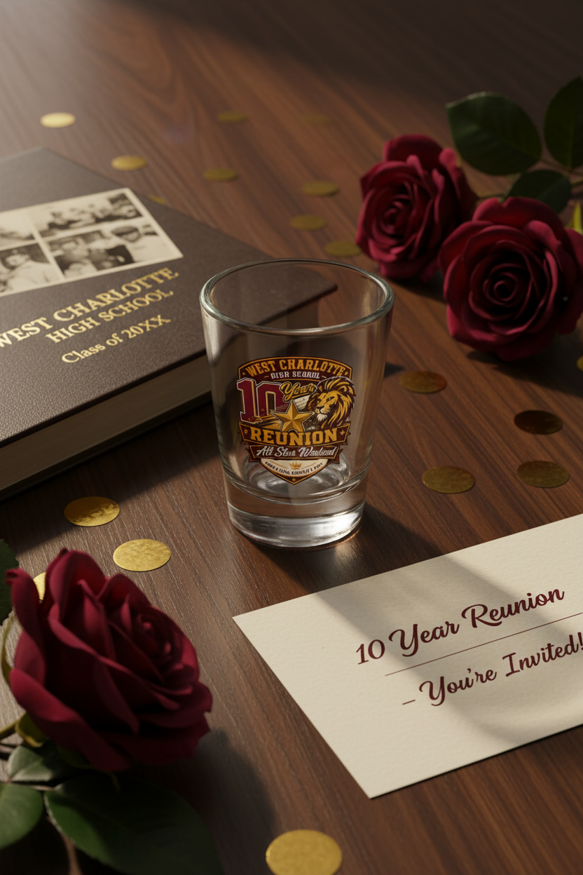 West Charlotte Lions reunion shot glass mockup - flat lay with yearbook, roses and reunion card