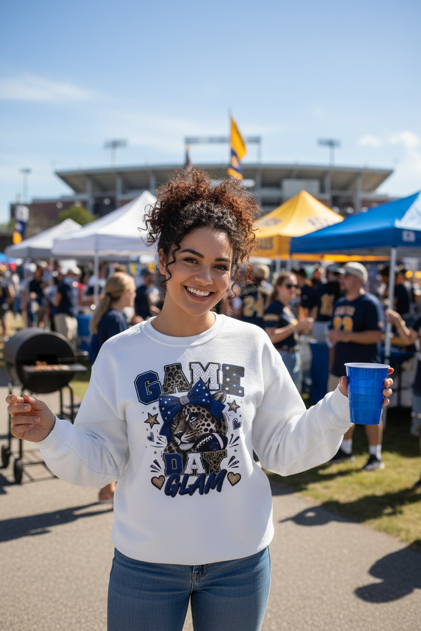 Game Day Glam sweatshirt lifestyle mockup - outdoor tailgate setting